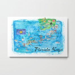 Florida Keys Key West Marathon Key Largo Illustrated Travel Poster Favorite Map Tourist Highlights Metal Print