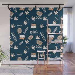 Blue pattern with cute, funny happy dogs. Paw prints, woof with hearts text and pets. Wall Mural