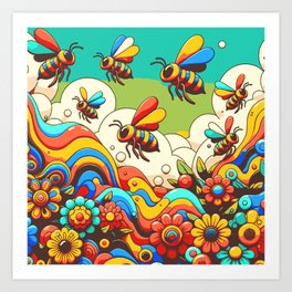 Colorful Bees and Flowers Art Print