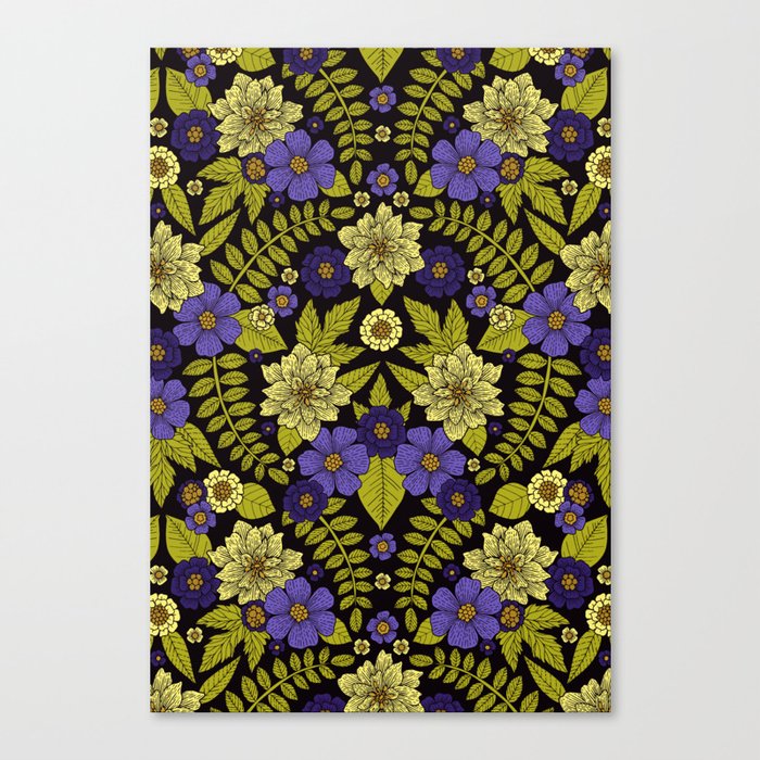 Flower Pattern - Purple, Green & Pale Yellow Canvas Print