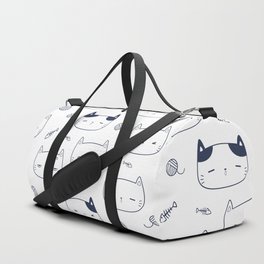 Navy Blue Doodle Kitten Faces Pattern Duffle Bag