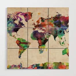 World Map Urban Watercolor Wood Wall Art