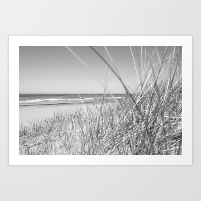 Vintage coastal black and white beach art print - dunegrass and ocean - travel photography Art Print