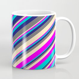 [ Thumbnail: Midnight Blue, Dim Gray, Beige, Fuchsia, and Dark Turquoise Colored Lines/Stripes Pattern Coffee Mug ]