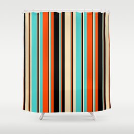 [ Thumbnail: Red, Black, Tan & Turquoise Colored Lined/Striped Pattern Shower Curtain ]