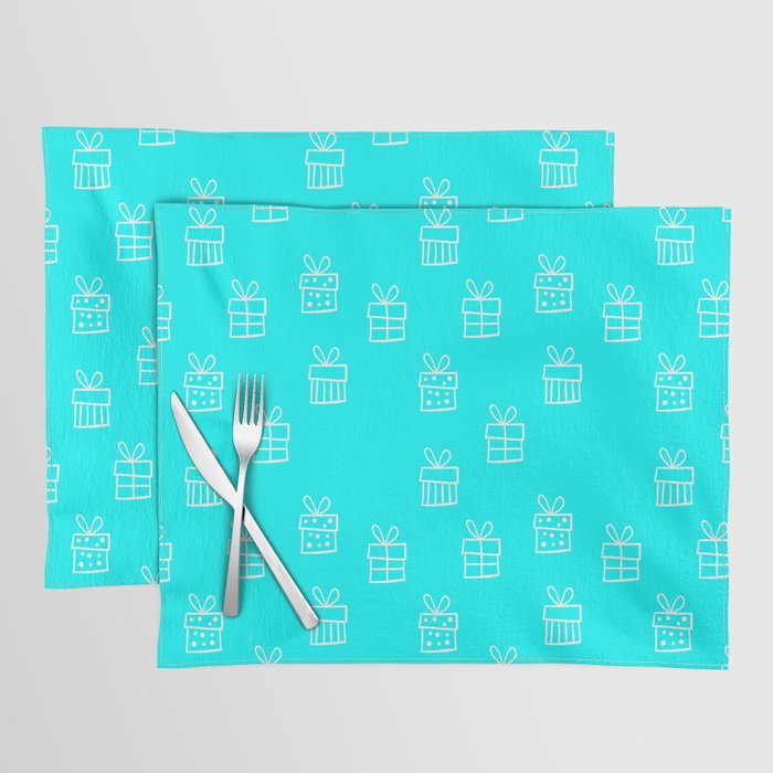 White Christmas gift box pattern on Aqua Blue background Placemat