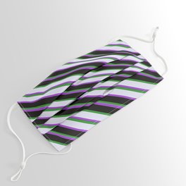 [ Thumbnail: Forest Green, Lavender, Dark Orchid, and Black Colored Striped Pattern Face Mask ]