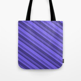 [ Thumbnail: Medium Slate Blue and Dark Slate Blue Colored Lined/Striped Pattern Tote Bag ]