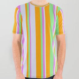 [ Thumbnail: Light Green, Orange, Lavender, and Violet Colored Striped/Lined Pattern All Over Graphic Tee ]