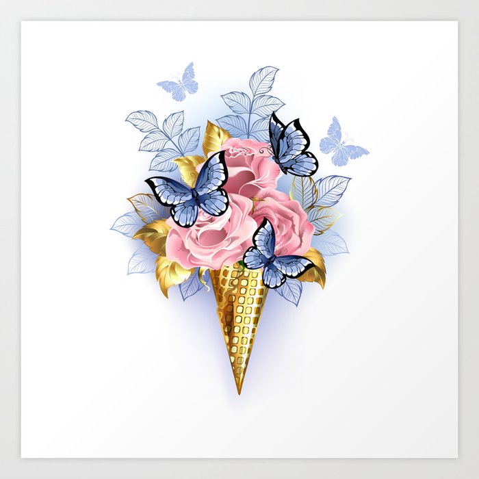 Waffle Cone with Pink Roses Art Print