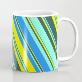 [ Thumbnail: Blue, Yellow, Dark Slate Gray, and Aquamarine Colored Lines Pattern Coffee Mug ]
