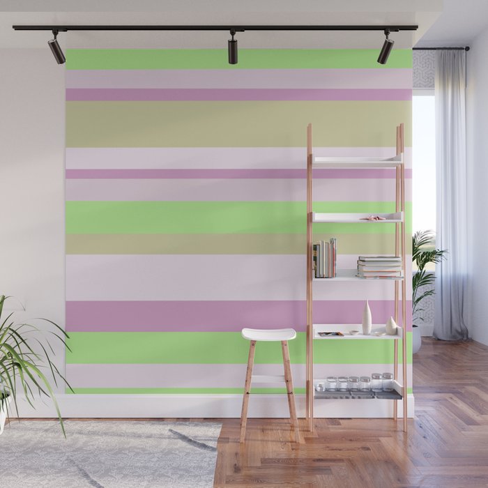Retro Sunshine Love Stripes - lime green purple  Wall Mural
