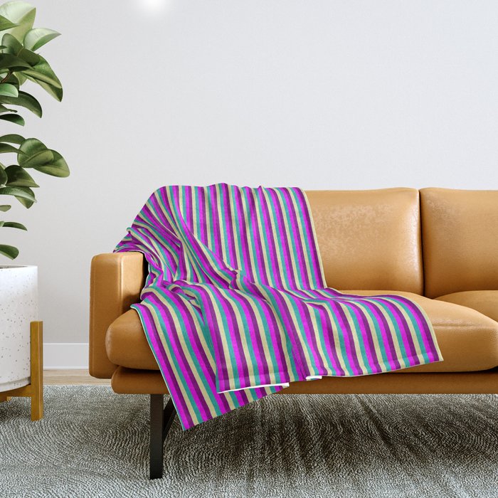 Light Sea Green, Pale Goldenrod, Purple, and Fuchsia Colored Stripes Pattern Throw Blanket