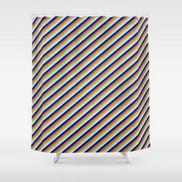 [ Thumbnail: Dark Khaki, Turquoise, Dark Blue, and Chocolate Colored Stripes/Lines Pattern Shower Curtain ]