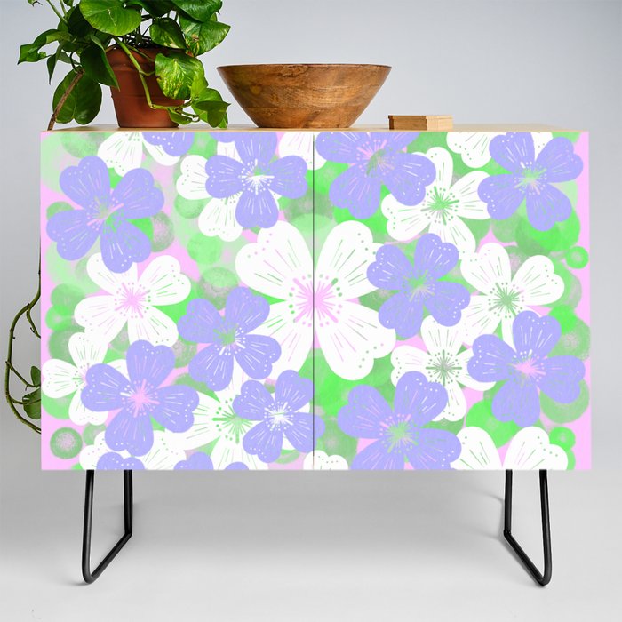 70’s Desert Flowers Periwinkle on Pink Credenza
