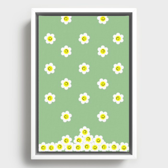 Happy White Daisies Sage Green Framed Canvas