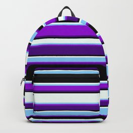 [ Thumbnail: Vibrant Light Sky Blue, Dark Violet, Indigo, Black, and Mint Cream Colored Striped Pattern Backpack ]