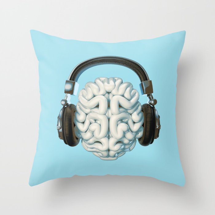 Mind Music Connection /3D render of human brain wearing headphones Throw Pillow