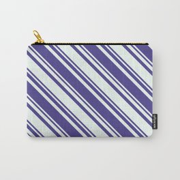[ Thumbnail: Dark Slate Blue & Mint Cream Colored Stripes/Lines Pattern Carry-All Pouch ]