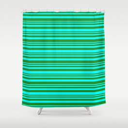 [ Thumbnail: Forest Green & Cyan Colored Striped Pattern Shower Curtain ]