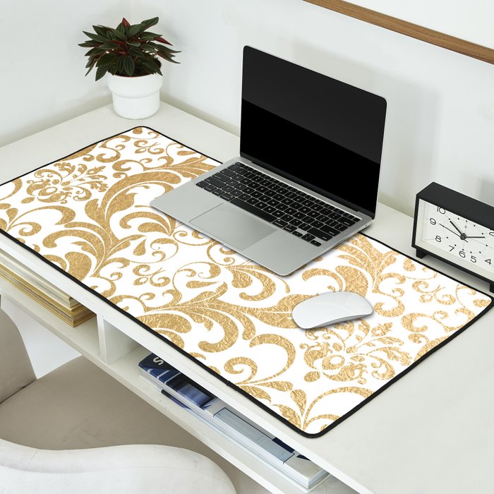 Gold swirls damask 2 Desk Mat by Juliana RW Society6