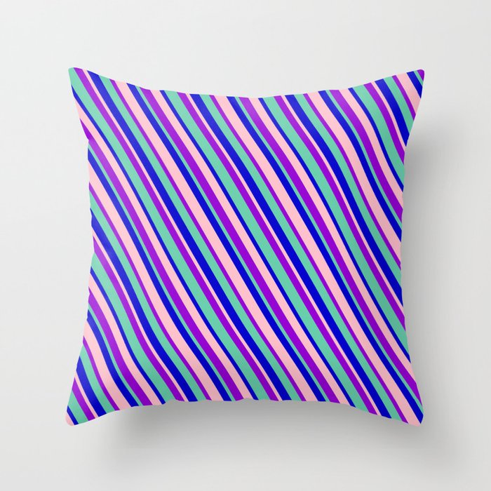 Dark Violet, Aquamarine, Blue & Pink Colored Lines Pattern Throw Pillow