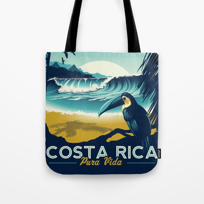 Costa Rica Retro Vintage Travel Poster Toucan Wave Surf Palm Trees Tote Bag