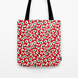 Christmas Leopard Print White and Green on Red Tote Bag
