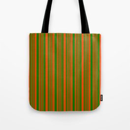 [ Thumbnail: Red & Green Colored Pattern of Stripes Tote Bag ]