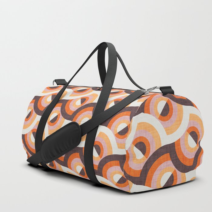 Here comes the sun // brown orange and blush pink 70s inspirational groovy geometric suns Duffle Bag
