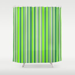 [ Thumbnail: Dark Sea Green, Sea Green, Light Grey, and Green Colored Lines/Stripes Pattern Shower Curtain ]