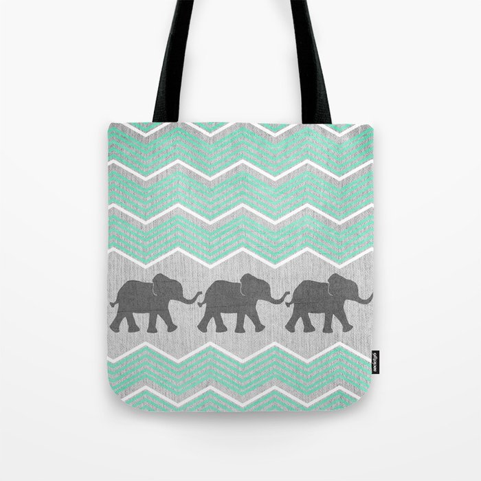 Three Elephants - Teal and White Chevron on Grey Tote Bag