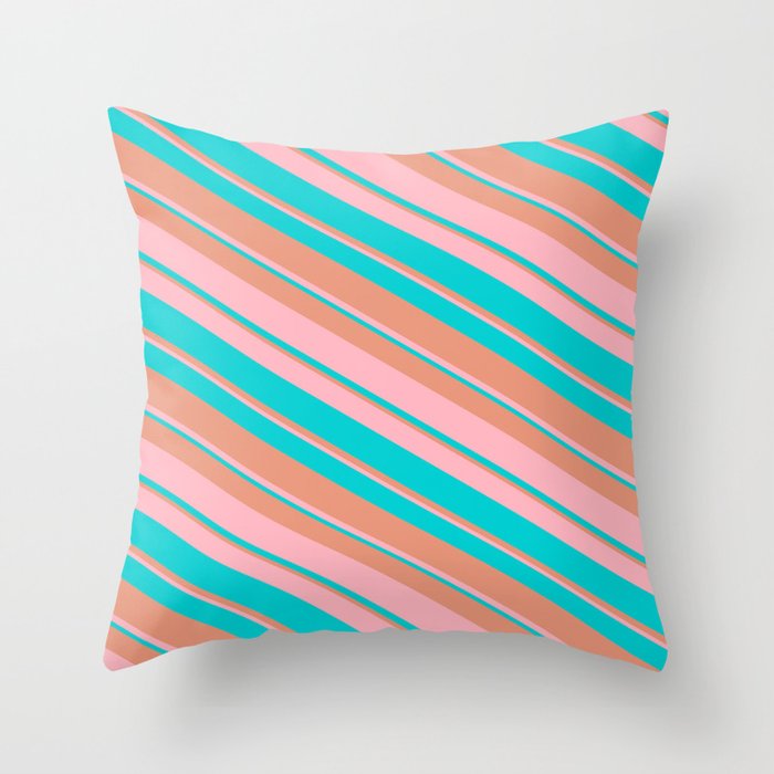Dark Salmon, Light Pink & Dark Turquoise Colored Stripes Pattern Throw Pillow