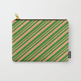 [ Thumbnail: Light Salmon & Forest Green Colored Lined Pattern Carry-All Pouch ]