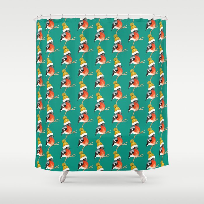 Christmas Bird Bullfinch Shower Curtain