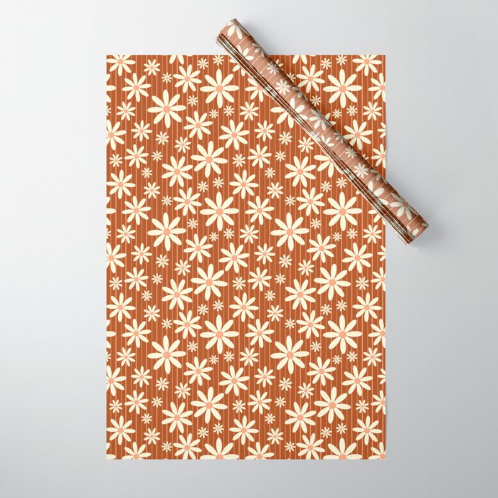 Retro Groovy Daisy Flower Power Vintage Boho Pattern with Stripes in Terracotta, Clay, Rust Wrapping Paper