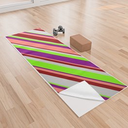 [ Thumbnail: Light Grey, Green, Purple, Salmon, and Dark Red Colored Striped Pattern Yoga Towel ]