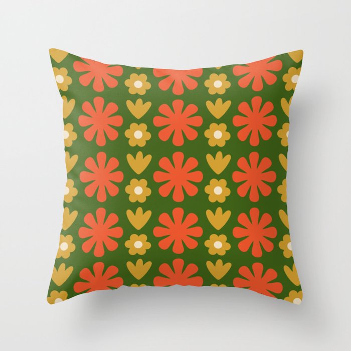 Scandi Floral Grid Retro Pattern Green Ochre Orange Cream Throw Pillow