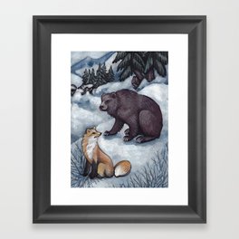 Winter meeting of Bear and Fox Framed Art Print