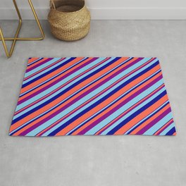 [ Thumbnail: Purple, Sky Blue, Dark Blue, and Red Colored Lines/Stripes Pattern Rug ]