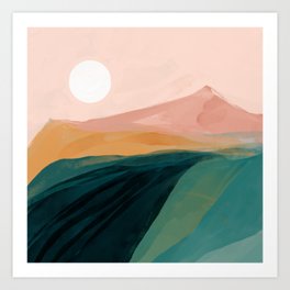 pink, green, gold moon watercolor mountains Art Print