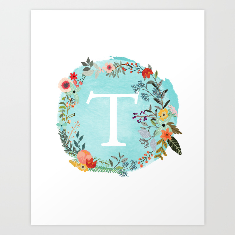 personalized monogram initial letter t blue watercolor flower wreath artwork art print by aba2life society6