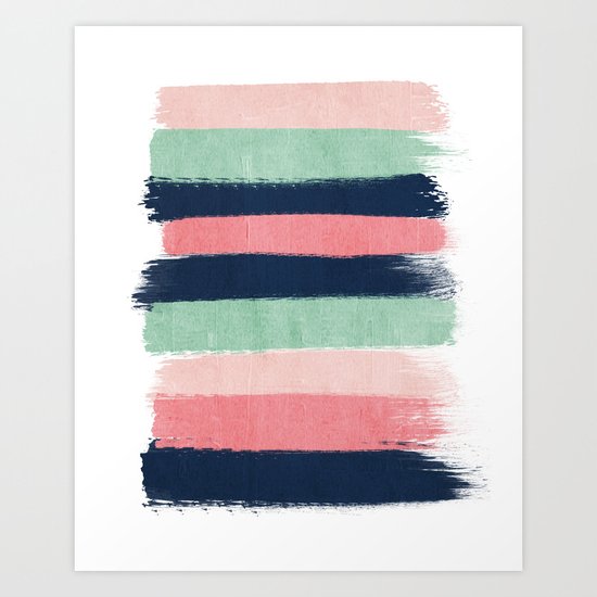 Painted stripe stripes mint navy pink modern color palette painterly minimalist nursery art Art Print