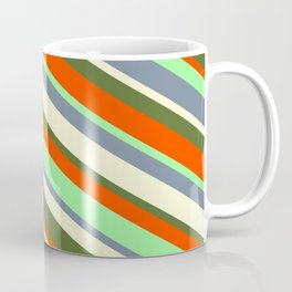 [ Thumbnail: Eyecatching Green, Light Slate Gray, Light Yellow, Dark Olive Green, and Red Colored Lined Pattern Coffee Mug ]