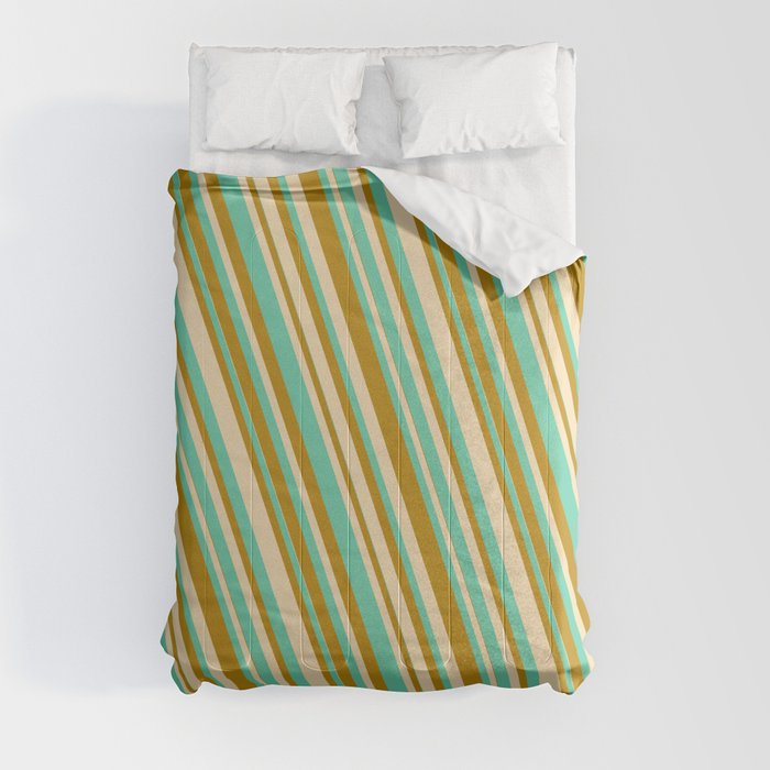 Tan, Aquamarine & Dark Goldenrod Colored Striped/Lined Pattern Comforter