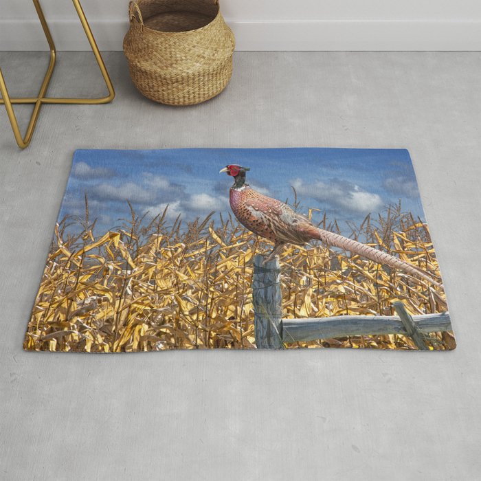 Ringneck Pheasant sitting on a fence post by a cornfield Rug