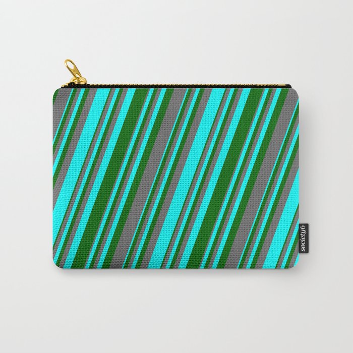 Aqua, Dark Green & Dim Grey Colored Lines/Stripes Pattern Carry-All Pouch