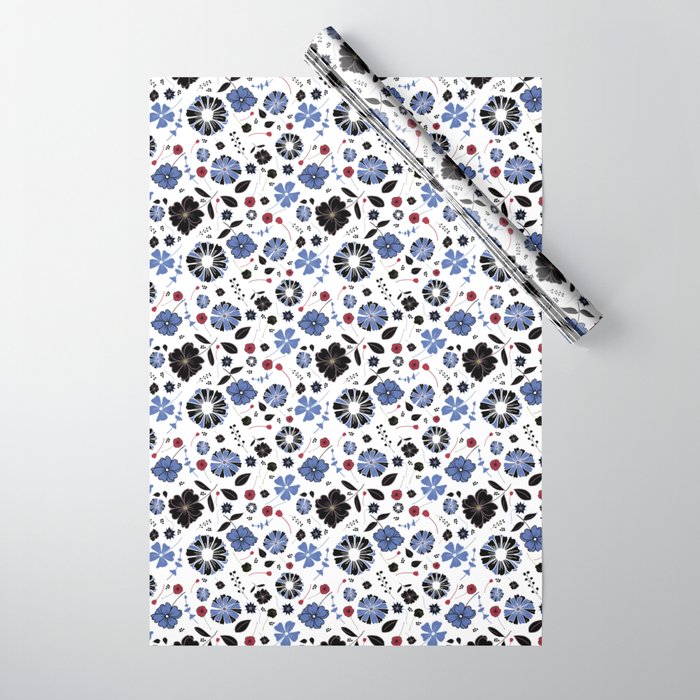 Blue and Black floral Wrapping Paper by Anne LaFollette