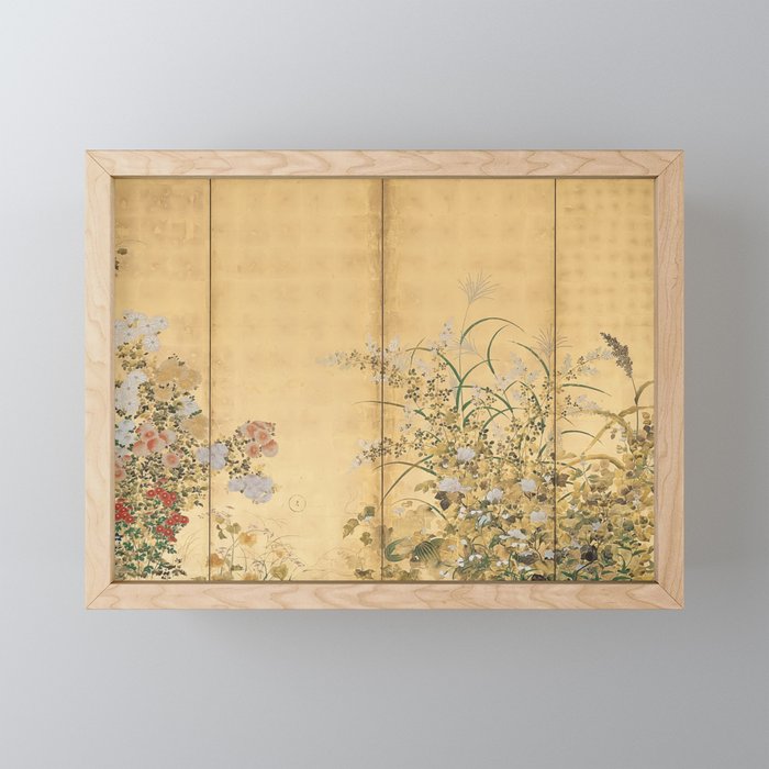Japanese Edo Period Six-Panel Gold Leaf Screen - Spring and Autumn Flowers Framed Mini Art Print