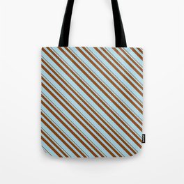 [ Thumbnail: Brown and Light Blue Colored Stripes/Lines Pattern Tote Bag ]
